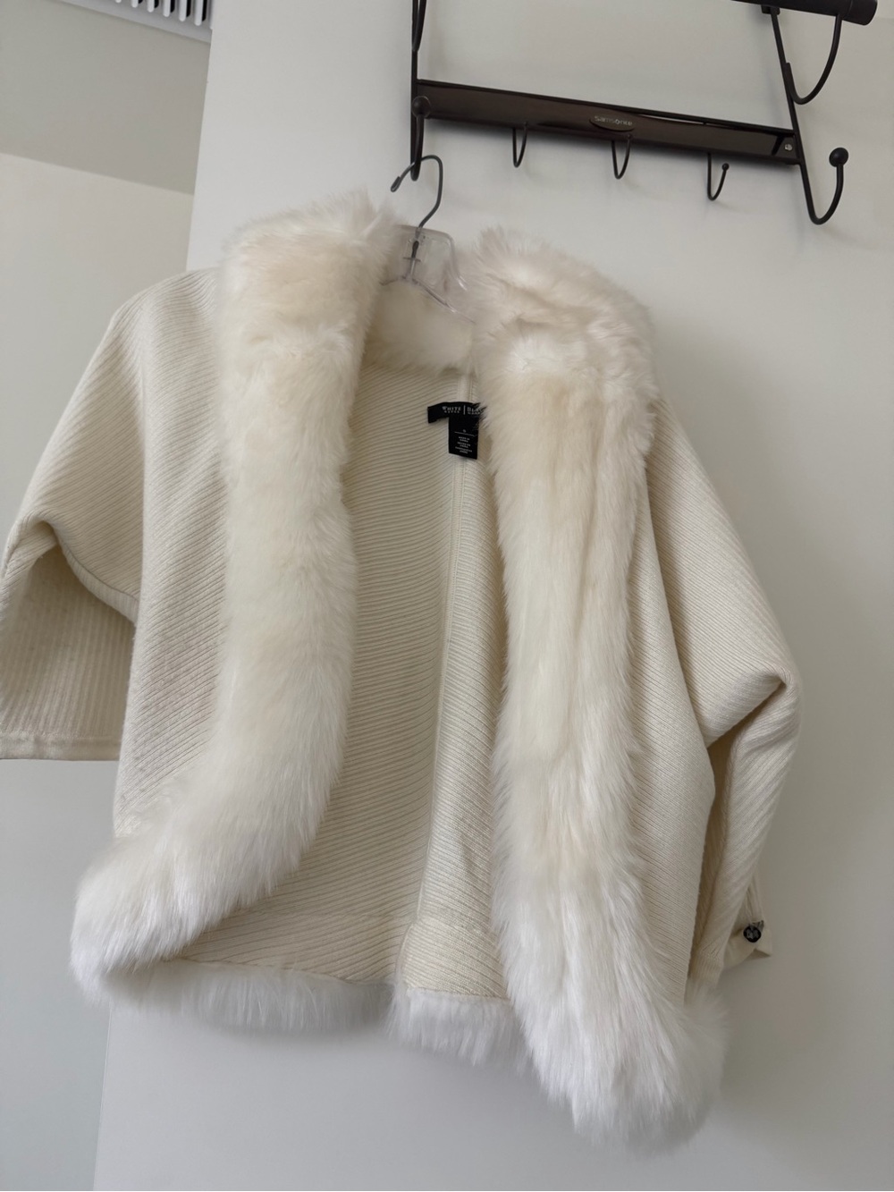 White House Black Market Cream Faux Fur-Trim Teddy Jacket